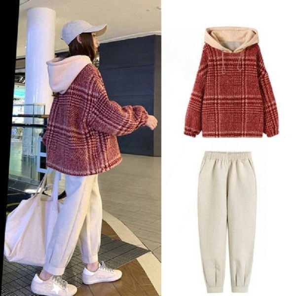 

women's two piece pants 2 set women 2021 autumn and winter woman style wide-leg sweater plus velvet padded tracksuit, White