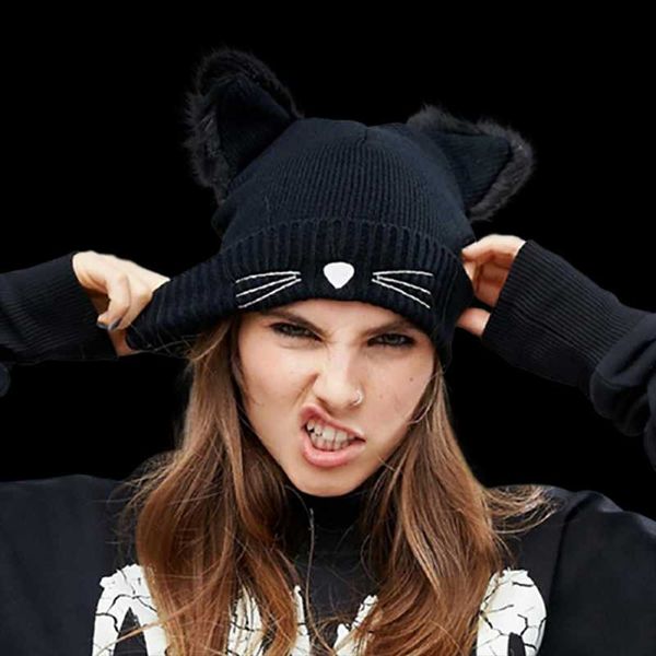 

beanie/skull caps women knitted skullies winter cute cat ears crochet hat autumn warm embroidery beanies female casual cuff watch cap, Blue;gray