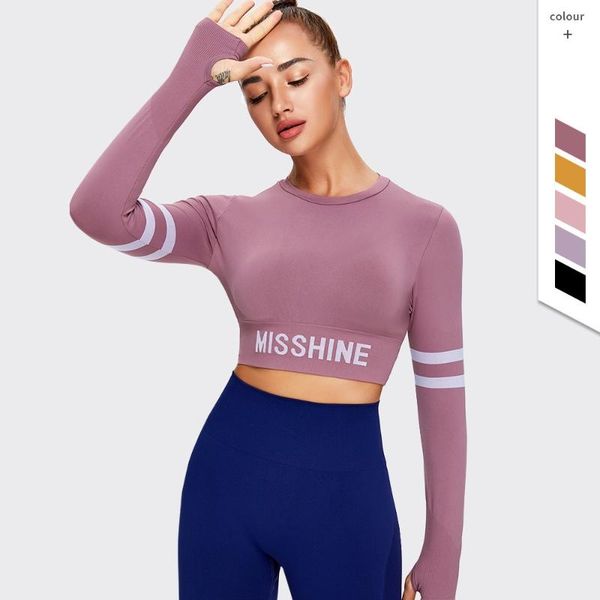 

yoga outfits vansydical womens workout gym cropped shirts long sleeves letters seamless fitness running t-shirts with thumb holes, White;red