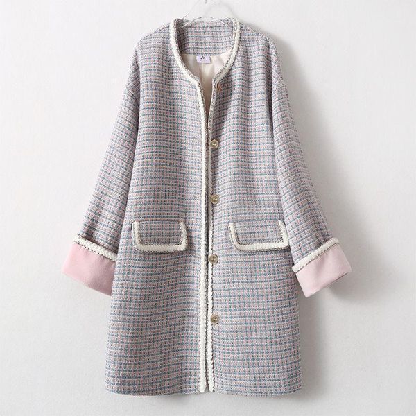 

women's wool & blends 2021 plaid coats women thick warm elegant loose plus size long outwear jacket for winter office ladies clothes, Black