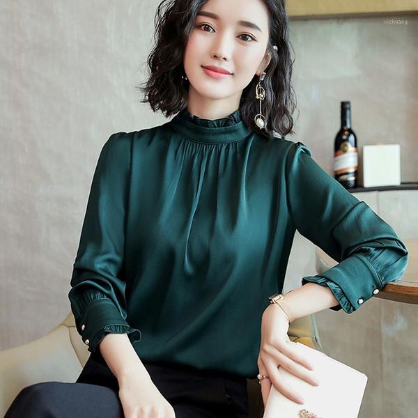 

women's blouses & shirts fall spring office lady womens green white black lantern long sleeve stand collar blouse shirt , korean style