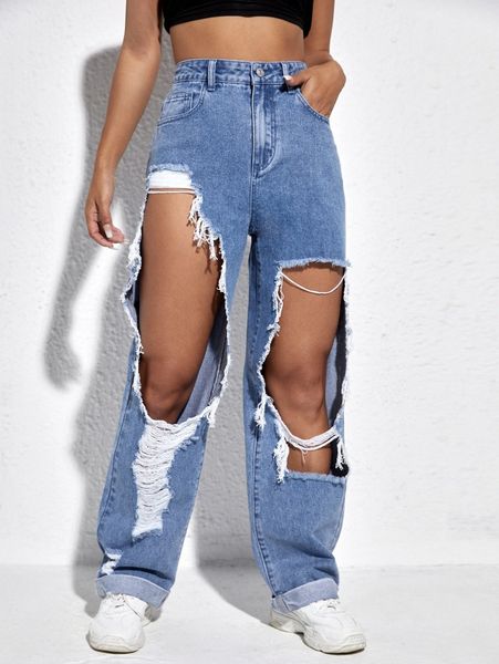 

ripped rolled hem boyfriend jeans m9yd#, Blue