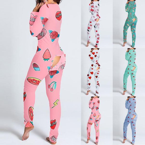 

new christmas fruits print jumpsuit women casual long sleeve button-down front functional buttoned flap adults playsuit pajamas, Black;white