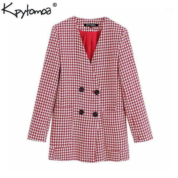 

vintage stylish double breasted houndstooth jacket coat women 2019 fashion long sleeve pockets plaid outerwear chaqueta mujer1, Black;brown