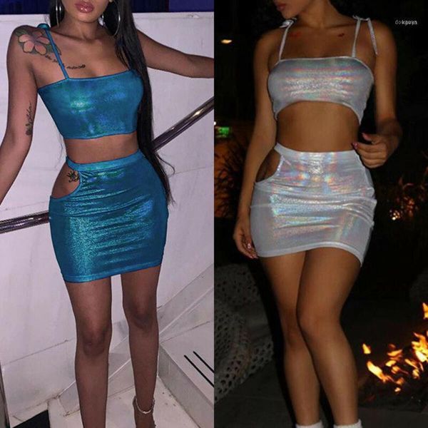 

women 2 pieces sets buckles crop bodycon camisole high waist mini skirt ladies hollow out shinny clubwear suits1, White