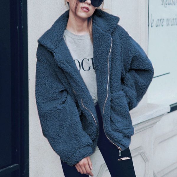 

2021 casual outerwear faux coat women winter warm soft zipper fake fur jacket with pocket female solid overcoat new 38pj, Black