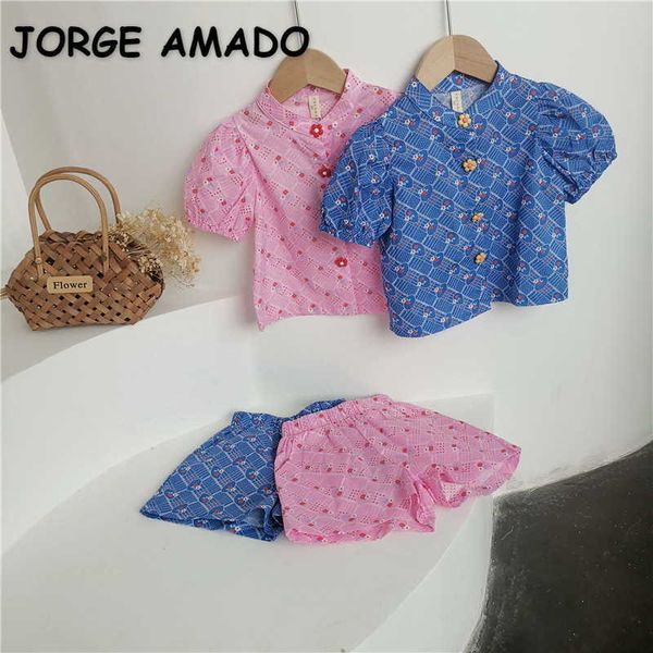 Корейский стиль летние дети девушки 2 шт. Наборы синие розовые цветочные рукава рубашки + шорты милые детские одежда E032 210610