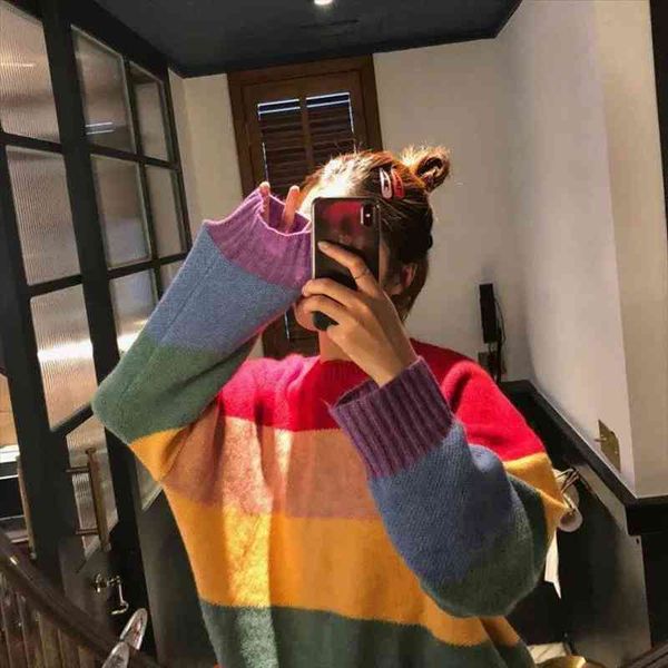 

pullovers women o-neck rainbow striped oversize harajuku knitted sweaters students all-match leisure daily streetwear korean top, White;black