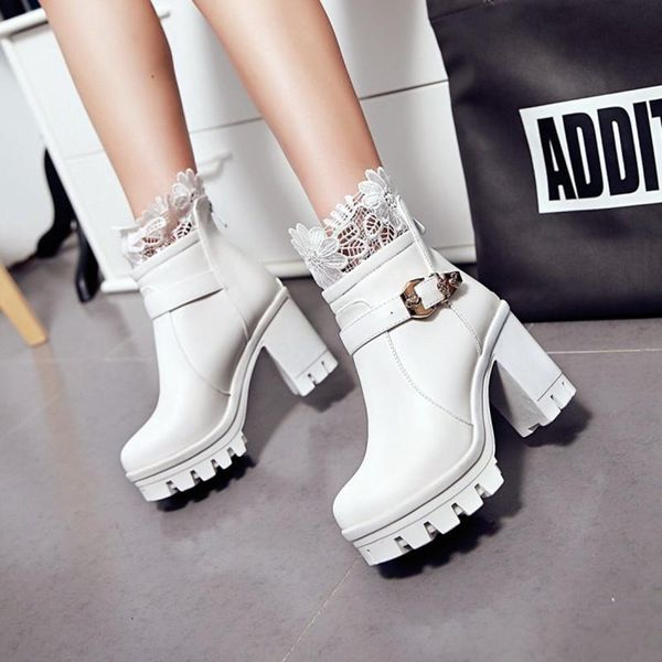 

boots trendy chunky high heels platform for women size 33-43 round toe goth gothic black white lace up buckle strap shoes