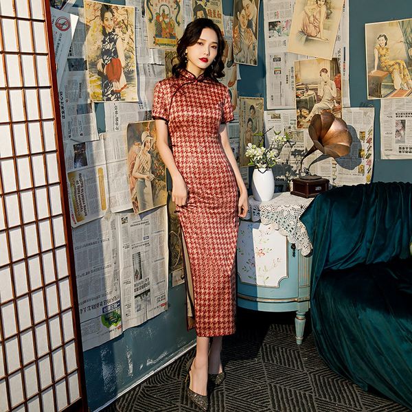 

chinese style retro traditional houndstooth printed cheongsam party silk long dress women short sleeve hanfu qipao, Red