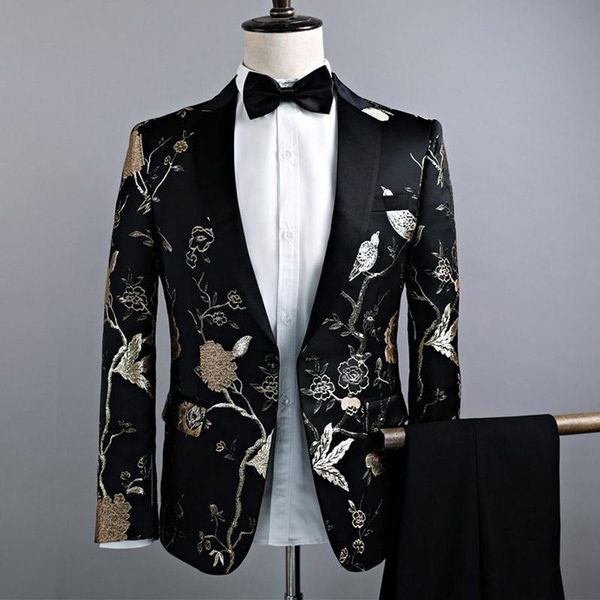 

mens stylish embroidery floral pattern suits stage singer wedding groom tuxedos men blazer black (jacket+pants+tie, White;black