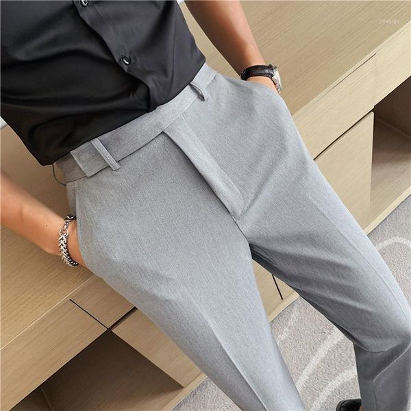 

korean business dress pants men solid color stretch wedding trousers belt design office social streetwear casual men's suits & blazers, White;black