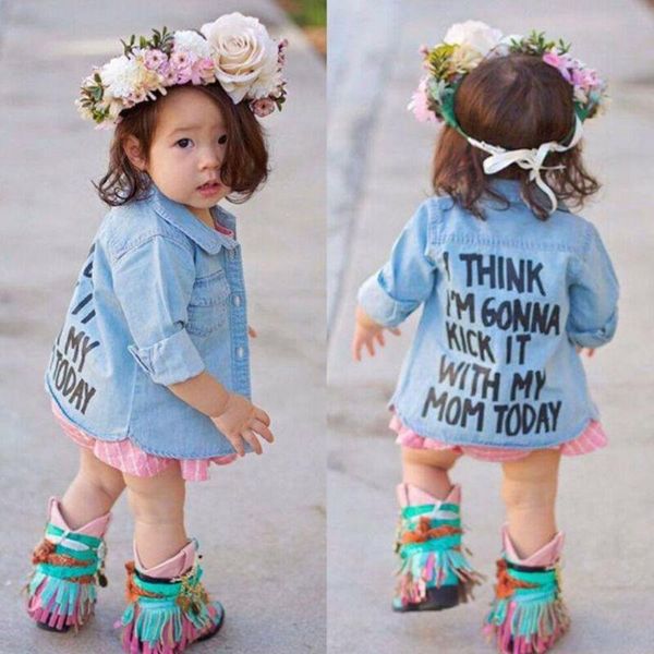 

shirts casual toddler baby girl winter clothes fashion denim long sleeve turn-down collar shirt letter blouse warm coat jacket, White;black