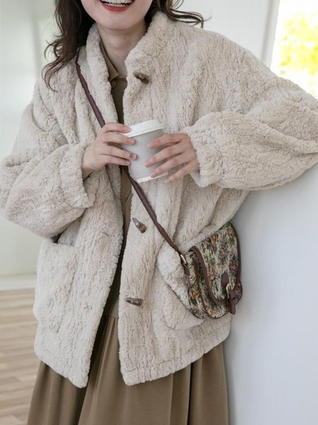 

women's wool & blends female overcoat soft waxy plush coat winter versatile horn button thickened lamb short, Black