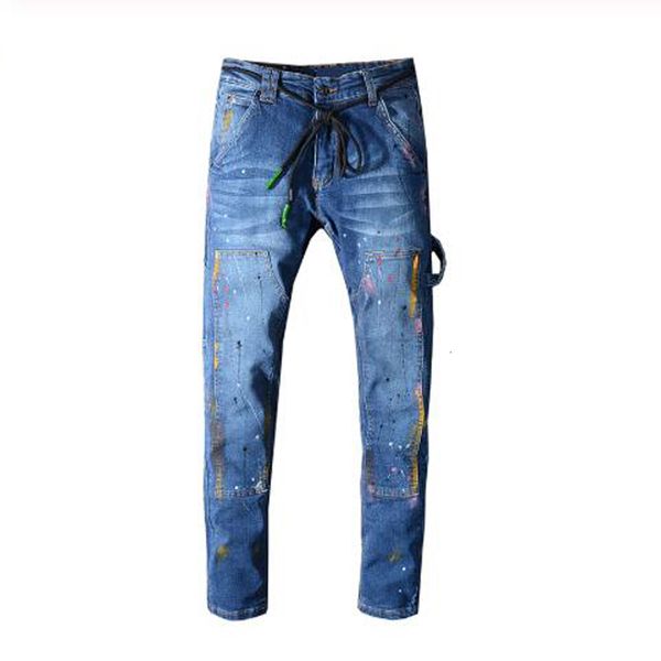 

2021 new men's male painted blue stretch jeans string belt fashion pockets patchwork denim pants trousers 139 z4dp