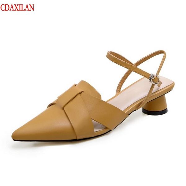 

dress shoes cdaxilam to sandals women genuine cow leather pointed toe mid-heel bukle-strap round-heels ladies summer, Black