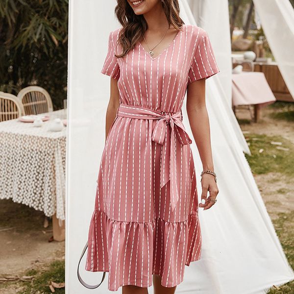

2021 new elegant short sleeve v neck sashes a line casual striped party summer beach ruffles vestidos o35e, Black;gray