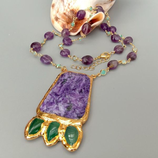 

yygem natural charoite green agate pendant 19" purple amethyst green amazonite rosary chain wrap necklace, Silver