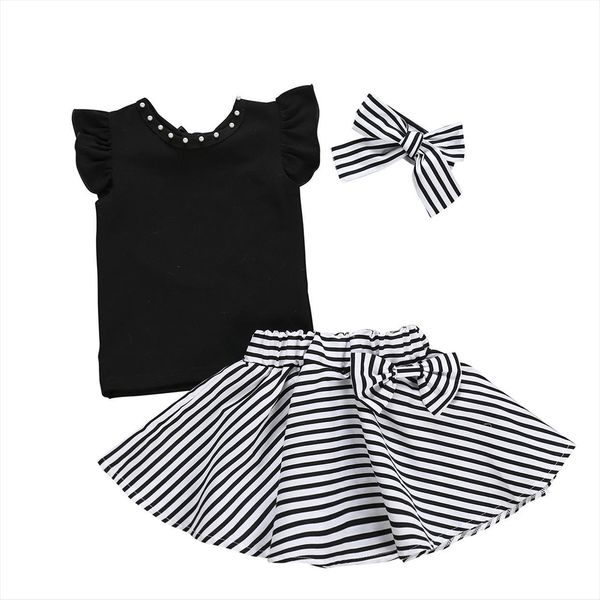 

fashion infant baby girls kids clothing set short sleeve t shirt striped skirt headband 3pcs girl children clothes, White