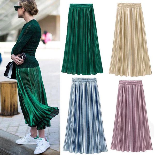 

two-piece suits summer women vintage pleated skirt solid color high waist stretch elastic long metallic skirts beachwear