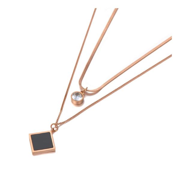 

chains trendy acrylic square pendant necklace for women stainless steel double layer cz crystal chain choker n20135, Silver