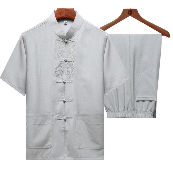 

men's tracksuits plus size cotton linen embroidery tang suit short sleeve chinese style button costume leisure casual wu shu tai chi se, Gray