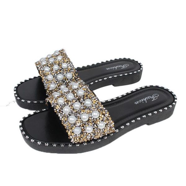 

slippers 2021 fashion women's flat-bottomed rhinestones flip-flop sandals casual wild non-slip beach shoes women, Black