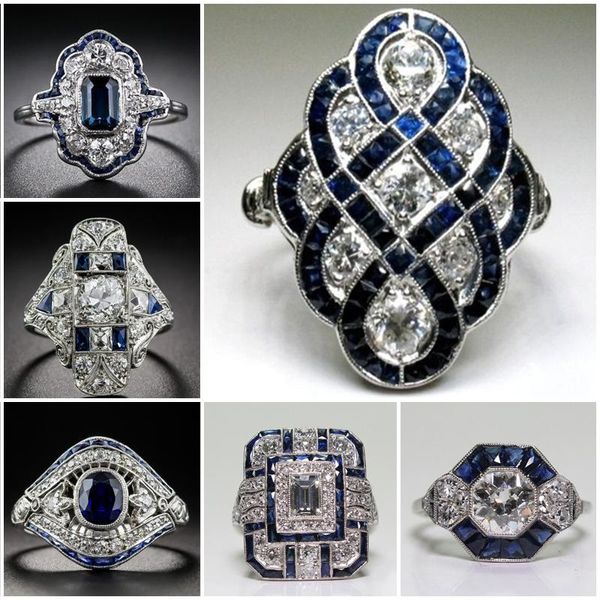 Anelli a grappolo di lussuoso pietra bianca per donne regalo di nozze anello blu scuro ad anello argento di moda bagagli femmina ragazza anillos mujer z5t572