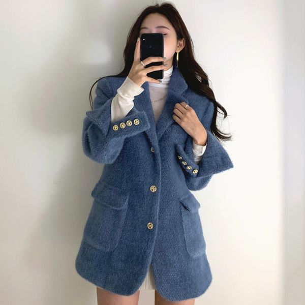 

2021 spring female turn-down neck long-sleeved single breasted solid color minimalist loose cotton heavy woolen coat 8d399, Black;brown