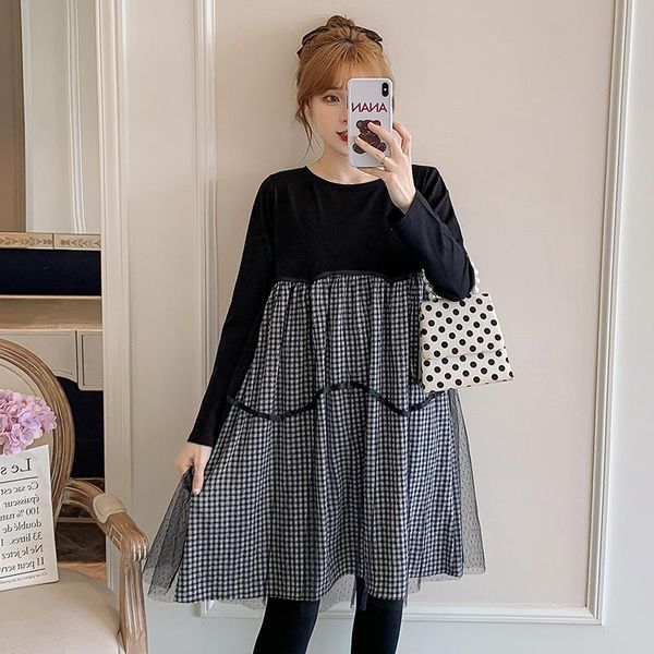

maternity dresses autumn long-sleeved loose pregnant women dress cotton patchwork plaid mesh a-line plus size wholesale, White