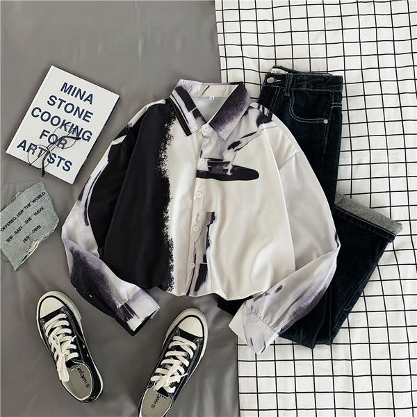 

women's blouses & shirts ebaihui women spring tie dye print fashion 2021 shirt loose button long sleeve casual blouse street plus size, White