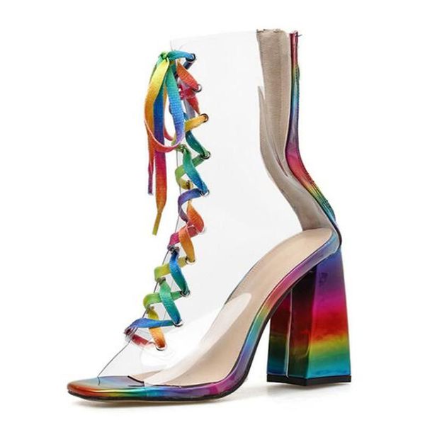 

dress shoes women's summer pvc lace up square heel 10cm toe ankle strap rainbow thick high roman oversized sandals, Black