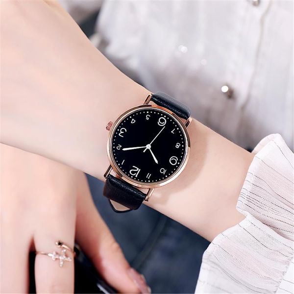 Principal Women Women Women Relógios Pu Band de couro Black Dial Dial Analog Relógio Bracelete Crystal Clock Gift Digital Relloj MujerWristwatches