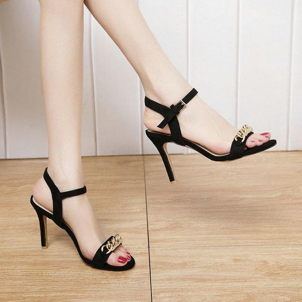 

sandals zawsthia 2021 summer open toe buckle strap woman shoes thin high heels women with metal chain decoration big size 33-45, Black
