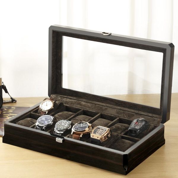 

watch boxes & cases luxury wooden box case pure wood casket display watches organizer square glass cabinet packing 12 seat storage man, Black;blue
