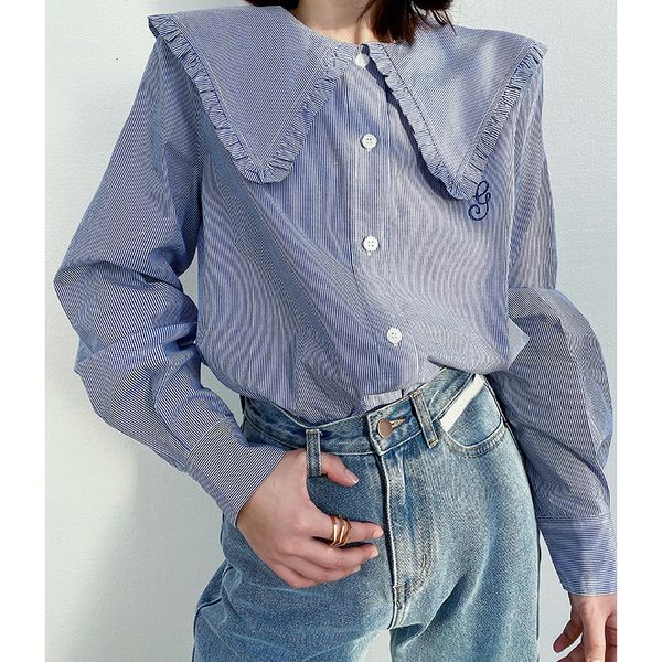 

2021 early spring new women french blue striped ruffled large lapel letter embroidery loose shirt jil0, White