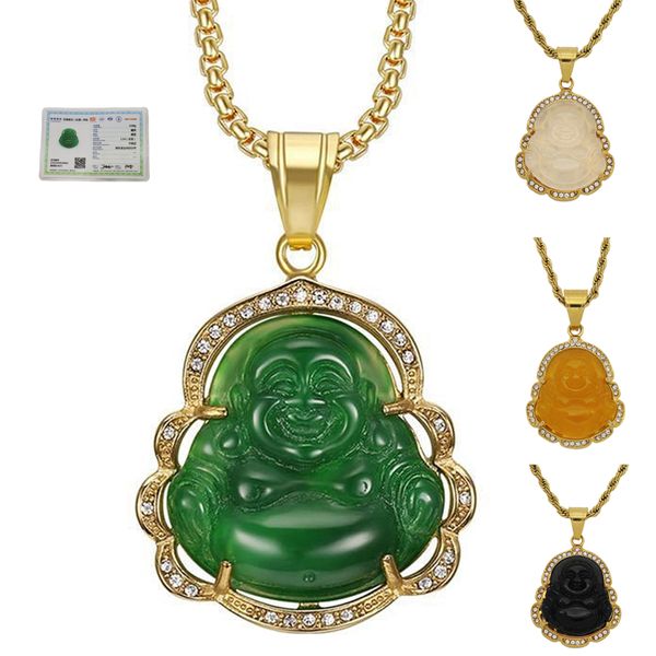 Ювелирные изделия из зеленого нефрита Смеющийся Будда, кулон-цепочка, ожерелье для женщин, нержавеющая сталь 18 К, позолоченный амулет, аксессуары, подарок на день матери