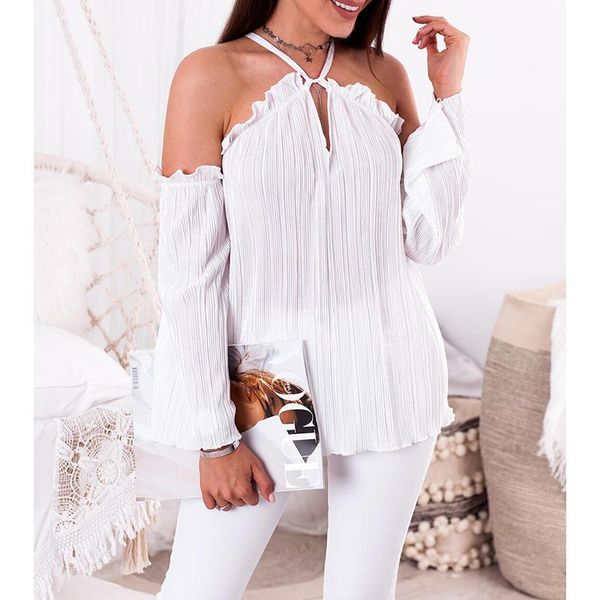 

women's blouses & shirts off shoulder blouse long sleeve fashion halter ladies casual ruffle loose shirt ws9530v, White
