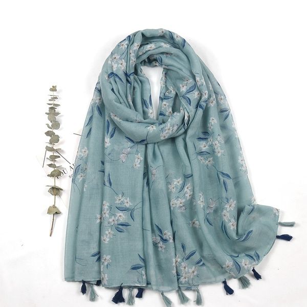 

2021 new small fresh broken flower bali yarn scarf women's color tassel cotton linen silk scarf shawl spring and autumn, Blue;gray