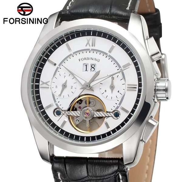 

wristwatches forsinng european style flywheel nail scale mechanical watch calendar silver round black belt men's, Slivery;brown