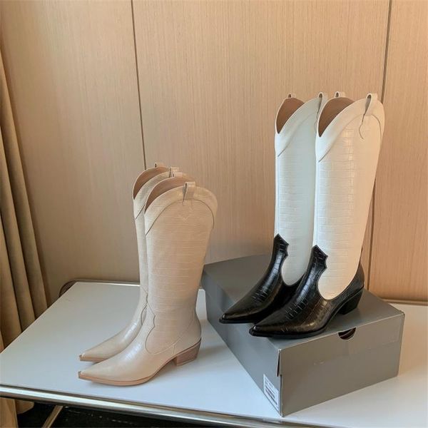 

boots western cowboy women vintage knee high chunky heel pointed toe slip on color matching winter boot fashion, Black