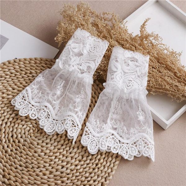

five fingers gloves chiffon detachable sleeve fake cuffs for women sweater pleated flare false female ruffles wristband decorative, Blue;gray