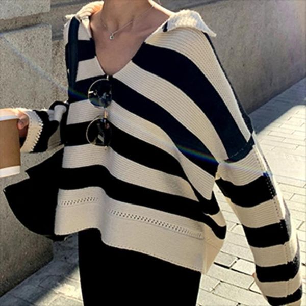 

mozuleva autumn winter women sweaters polo collar pullovers knitted striped korean elegant wild ladies jumpers, White;black