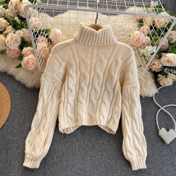 

turtleneck pullover sweater women fashion autumn winter loose korean style long sleeve warm twist knitwear short jumper, White;black