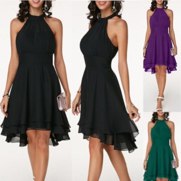 

2021 new arrivals women elegant solid color soft halter sleeveless asymmetric hem one piece dress drop shipping, Black;gray