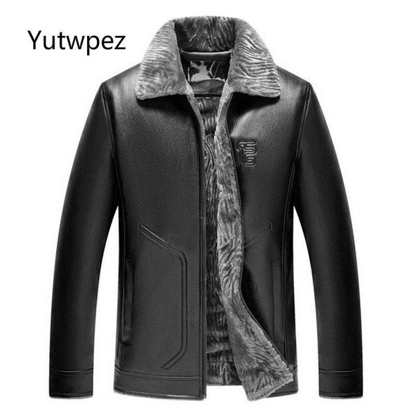

men's jackets 2021 yutwpez brand leather jacket winter windproof fleece fur collar warm pu male, Black;brown