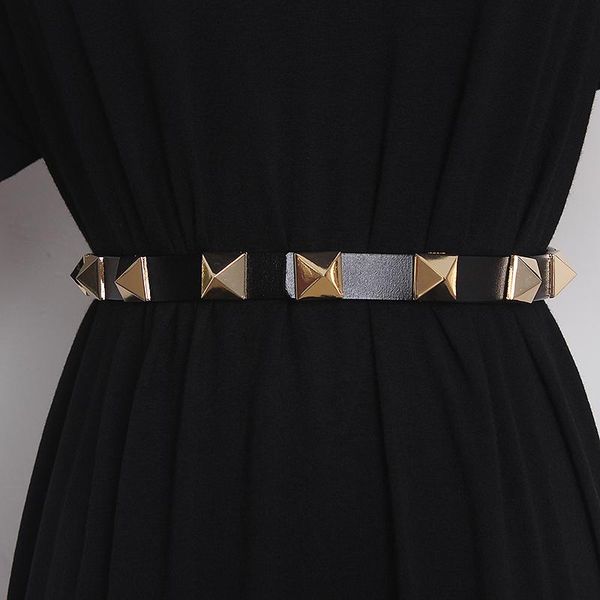 

belts women's runway fashion genuine leather rivet cummerbunds female dress corsets waistband decoration narrow belt tb2044, Black;brown