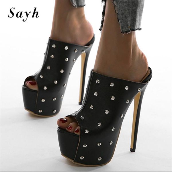 

sandals women punk rivet platform open toe pumps 16cm super high heel stilettos leather shoes clubwear dress, Black