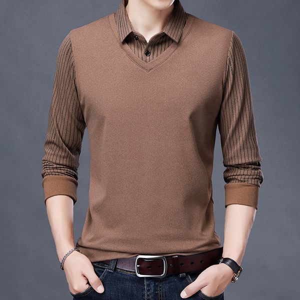 

double sided cashmere fake two piece ground solid color bottomed shirt lapel pullover t-shirt casual men's wear, Black