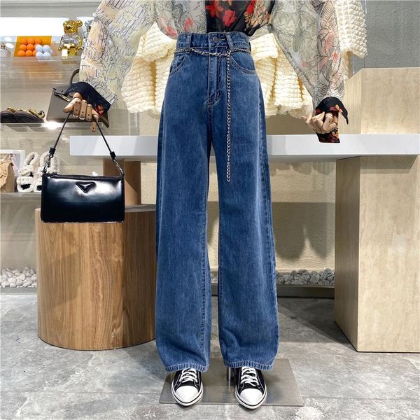 

women's jeans brand original design 2021 retro high waist slim straight loose wide leg pants simple casual versatile drape trousers, Blue